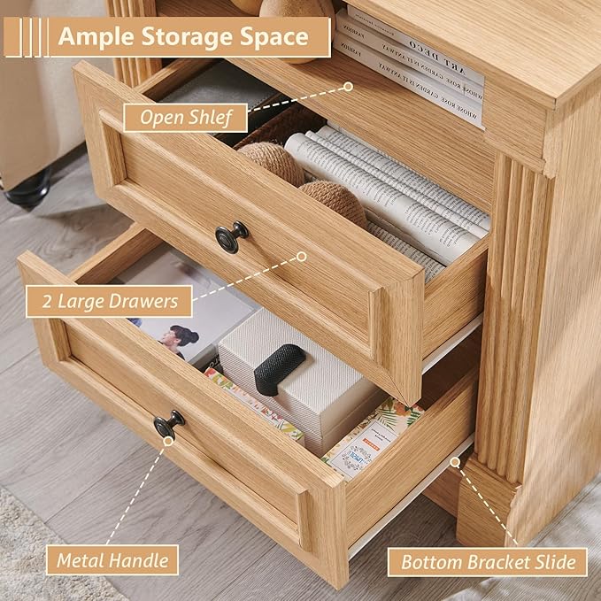 26" Tall 2 Drawers Dresser for Bedroom, Farmhouse 23.6" Wide Large Nightstand with Charging Station, Wood Rustic Side Table w/Roman Column, End Table for Bedroom, Living Room, Natrual