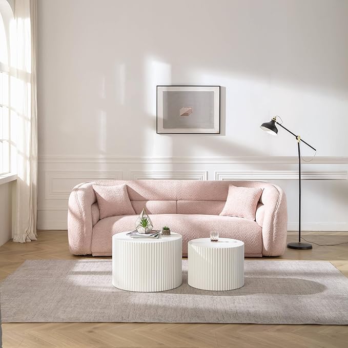 23.6" Round Coffee Table Set of 2, MDF Nesting Tables with Roman Column Design, Modern Handcrafted Wooden Drum Accent Tables for Living Room, No Assembly Required (White)