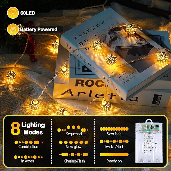 LORRYTE Moroccan String Lights Outdoor Battery Operated, 60 LED 36 FT Globe Fairy Lights with 8 Lighting Modes, String Lights for Bedroom Party Wedding Garden Christmas Decor (Warm White)