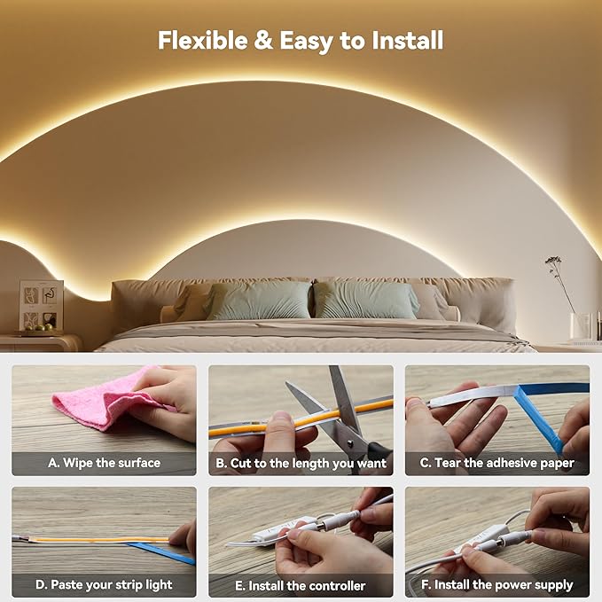 PAUTIX COB LED Strip Light 32.8ft,Engineering Level UL Listed Warm White 2700K,CRI93+ Super Bright High Lumen,Dimmable 24V Flexible LED Tape Light with RF Remote,for Cabinets,Home&Office DIY Lighting