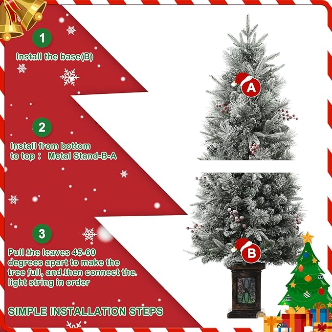 GarveeHome 4.5ft Pre-Lit Flocked Artificial Christmas Tree with Pine Cones, Artificial Xmas Tree w/ 386 Branch Tips & 200 Lights, Antique Urn Base for Home, Party Decoration,2 PCS