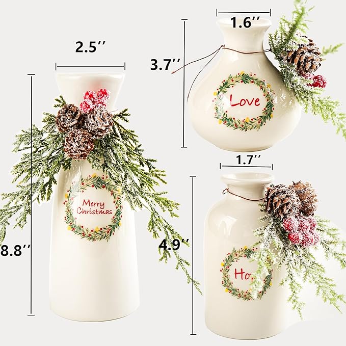 Christmas Vases Set 3, Ceramic Vase with Pine Branches and Pinecones Xmas Decorations Dinner Table Party Living Room Bedroom Decor