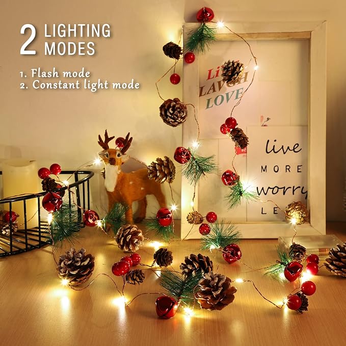 10FT Enchanting Christmas Garland with 30 LED Lights Battery Operated-Realistic Red Berries & Pine Cones Decor for Tree,Fireplace Mantel,Indoor Holiday Home Decor (9.8Ft)