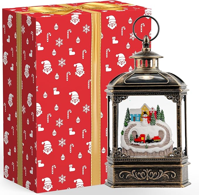 Christmas Village Snow Globe Lantern Musical Lighted Mountain Village Snowman & Train Water Lantern in Swirling Glitter, Christmas Home Decoration and Gift, Battery Operated or USB Powered