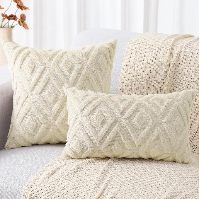 decorUhome Couch Throw Pillow Covers 20x20 Set of 2, Decorative Soft Plush Faux Wool Neutral Accent Pillow Covers for Bed Sofa Living Room, Beige