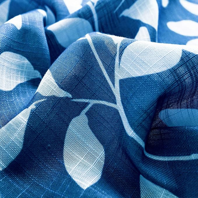 Navy and White Curtains for Bedroom 54" Length Leaf Print Curtains for Windows Semi-Sheers, Royal Blue Grommet Top, 2 Pack