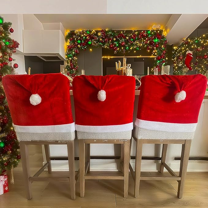 Christmas Chair Covers Hat Chair Back Covers for Xmas Holiday Chair Covers Set of 2, Stretch Parsons Chair Slipcovers Removable Washable Kitchen for Home Hotel Banquet Holiday Decoration