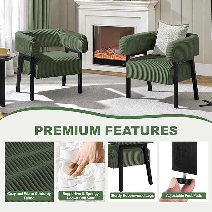 Yaheetech Corduroy Barrel Accent Chair, Modern Upholstered Armchair with Solid Wood Legs, Cozy Leisure Chair with Pocket Coiled Seat for Living Room, Bedroom, Reading Nook Dark Green