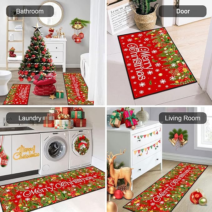 ACZHHZC Merry Christmas Kitchen Rugs and Mats Set of 2, Winter Snowflake Xmas Tree Holiday Home Kitchen Decor Floor Mats, Washable Non-Slip Sink Carpet (Christma 4, 17"x47"+17"x30")