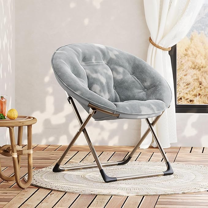 Comfy Saucer Chairs, Gray Folding Reading Lounge Chair, Cozy Faux Fur Living Room Chair with Soft Thick Padded Seat & Metal Frame, Modern Style Bedroom Home for Kids Adults, X-Large, Gold Legs