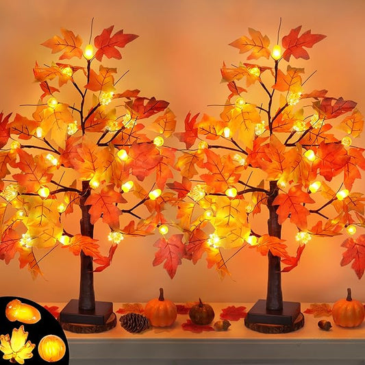 2 Pack 24 Inch Fall Maple Tree with 48LED Thanksgiving Table Decorations Battery Operated Lighted Tabletop Artificial Tree with Pumpkin Acorn Maple Fall Centerpieces Indoor Fall Decorations for Home