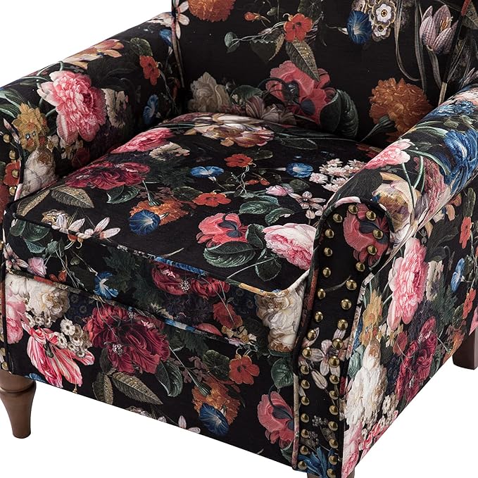 HULALA HOME Modern Wingback Accent Chairs Set of 2 with Wood Legs & Removable Cushion, Comfy Upholstered Armchairs with Nailhead Trim, Floral Pattern Single Sofa Chairs for Living Room Bedroom, Black