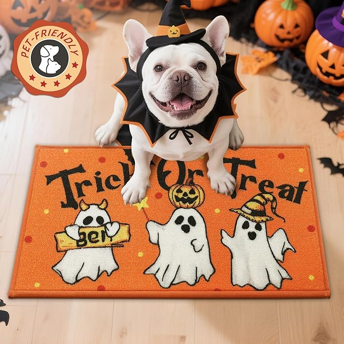 JSEI Halloween Holiday Doormat, 17''x30'' Non-Slip Ghost and Pumpkins Decorative Welcome Mats for Floor, Low-Profile Entryway Rugs Washable, Flying Ghosts Pattern