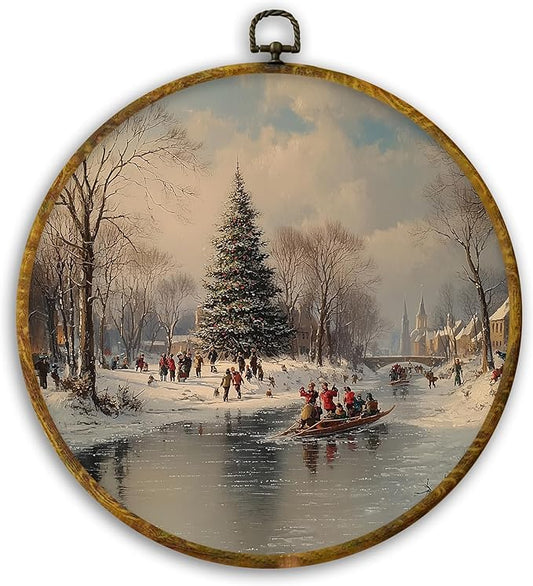 CUANFDDSF Rustic Christmas Winter Round Wall Art, Christmas Winter Scene Framed Hanging Wall Decor, Farmhouse Cozy Xmas Holiday Canvas Prints Decorations for Home Bedroom Living Room, 10x10 Inch
