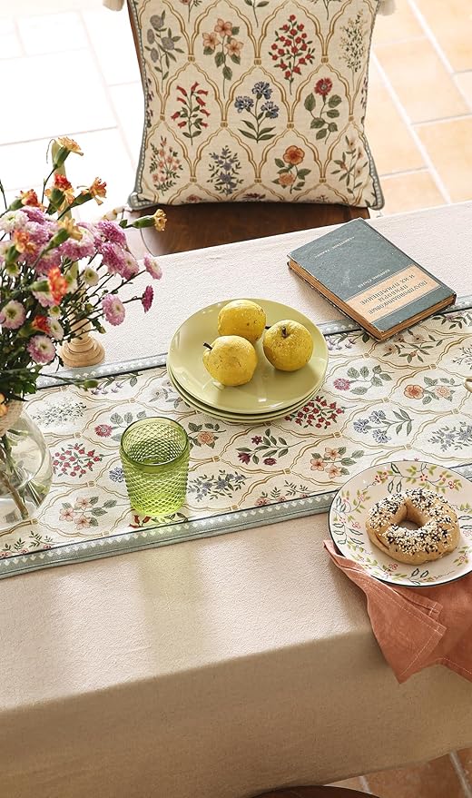 ISAENNE Designer Vintage Elegant Linen Table Runner 118 Inches Extra Long,Colorful Wildflower Pattern Runner,Decor Table Runners for Dining Tables,Thanksgiving,Christmas,12"*118"-Serenity B