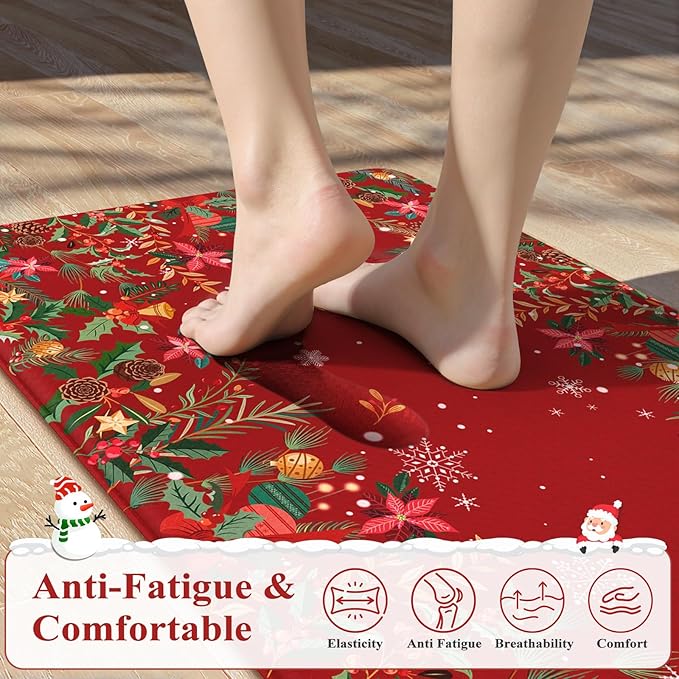 Christmas Kitchen Rugs Anti Fatigue - Christmas Kitchen Mat Sets of 2, Cushioned Non-Skid Waterproof Vintage Floral Christmas Decorations Gift for Holiday Floor Decor Home Laundry Sink(Red)