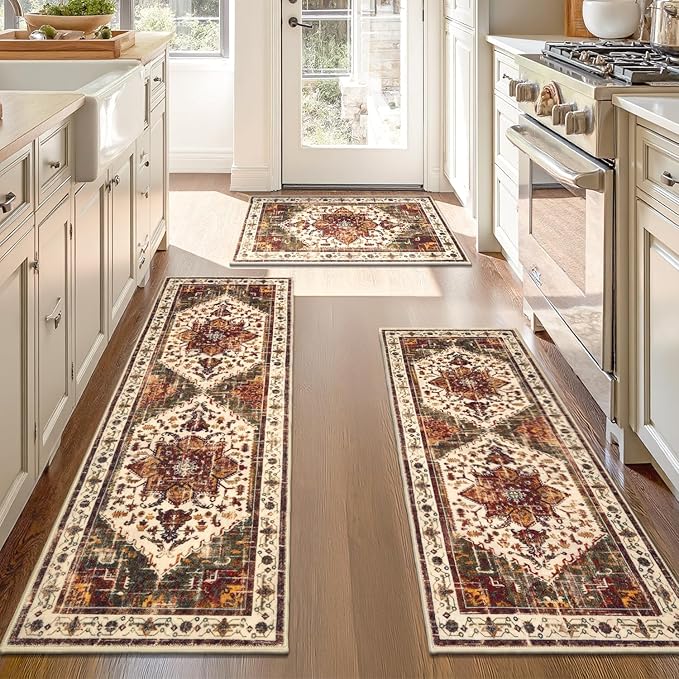 Yamaziot Boho Washable Kitchen Rugs Sets of 3, Non Slip Kitchen Mats for Floor with Rubber Backing, Waterproof & Stain Resistant Thick Carpet Runner Throw Rug for Kitchen, Laundry Room, Hallway