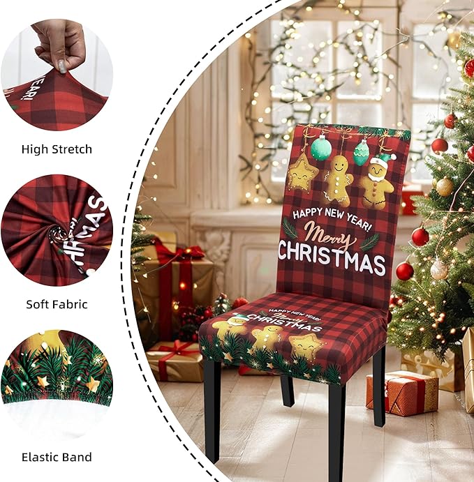 Christmas Chair Covers for Dining Chairs, Dining Room Chair Covers Set of 4, Stretch Parsons Chair Slipcovers, Removable Washable kitchen Chair Cover for Home Hotel Banquet Holiday Decoration