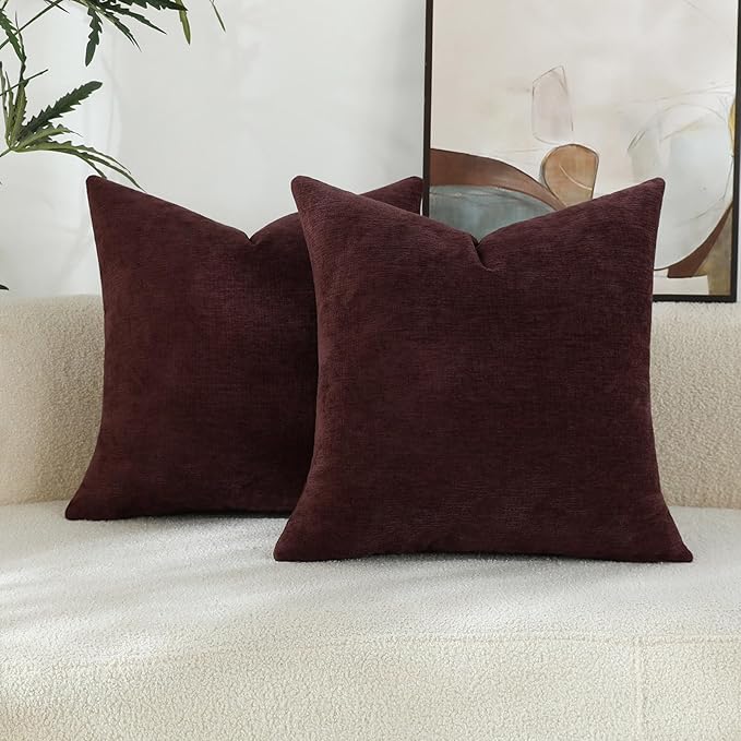 Plum Purple Chenille Decorative Couch Throw Pillow Covers, Soft Cushion Cases for Home Livingroom Sofa Décor, Pack of 2, 20 x 20 Inches