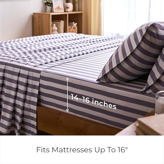 Mellanni Split King Sheets Set - 5 PC Iconic Collection Bedding - Hotel Luxury, Soft, Cooling Bed Sheets - Wrinkle, Fade, Stain Resistant (Split King, Oxford Stripe Hazy Lilac)