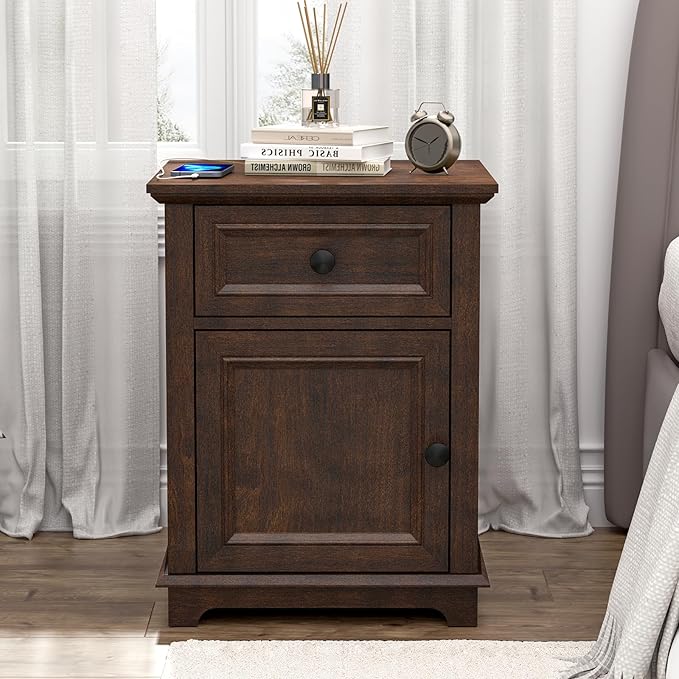 24" Tall End Table with Fast Charging Station, Square Side Table with Drawer & Large Storage Cabinet, Vintage Wooden Table for Living Room/Bedroom, Cherry