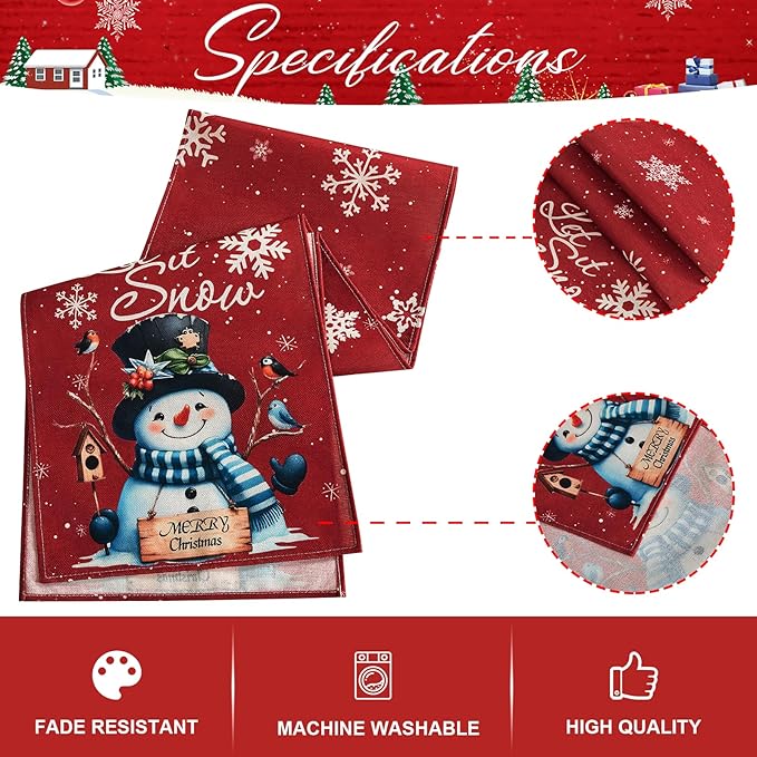 Christmas Table Runner - Red Snowman Snowflake Winter Holiday Decorative Farmhouse Table Decorations for Kitchen Dinning, Indoor Outdoor Dinner Party Decor 13x72 Inch