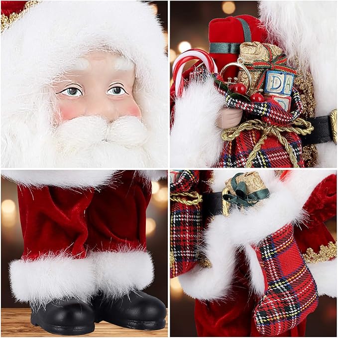 Uten 12" Santa Claus Decorations, Christmas Standing Figurine Ornaments with Gifts Bag and Socks for New Year Christmas Decoration Navidad Natal Gifts.