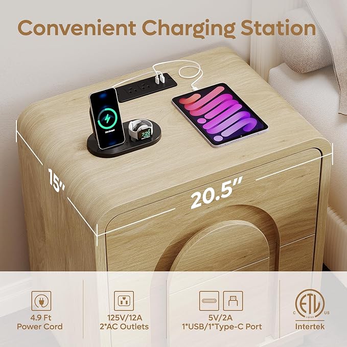 Bestier Night Stand Set of 2, Nightstands with Charging Station, Mid Century Modern Bedside Table with 2 Drawers Storage, Arch Design Doors, Curved Profile, Side End Tables for Bedroom