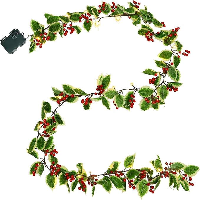 Juegoal 2 Pack Christmas Garlands, 9FT Pre-lit Red Berries & Holly Leaves Garland, Artificial Lighted Garland Battery Operated with Timer, Indoor Outdoor Xmas Fireplace Gate Home Winter New Year Decor