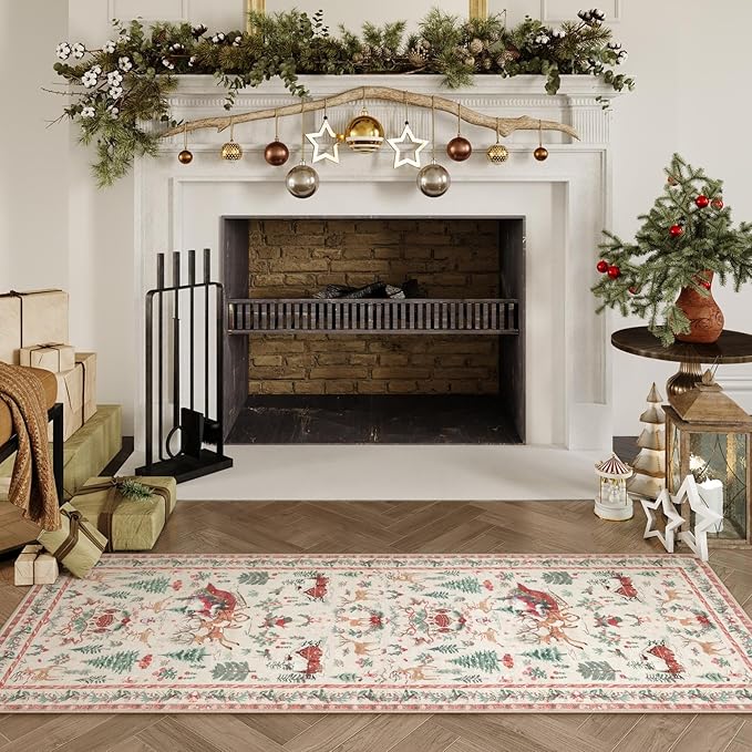 Lahome Christmas Runner Rug 2x6 Beige Runners for Hallways,Kitchen Rugs Non Slip Washable Entryway Carpet Runner,Soft Christmas Tree Santa Claus Runners for Bathroom Holiday Decor(2'x6',Beige)