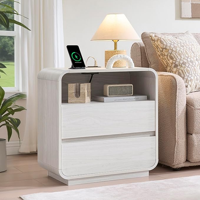 White Nightstand Set of 2 with Charging Station, 23.2" Wide Wood Bedside Table, Modern End Table with 2 Storage Drawers, Curved Profile, Handleless, Mid Century Night Stand for Bedroom