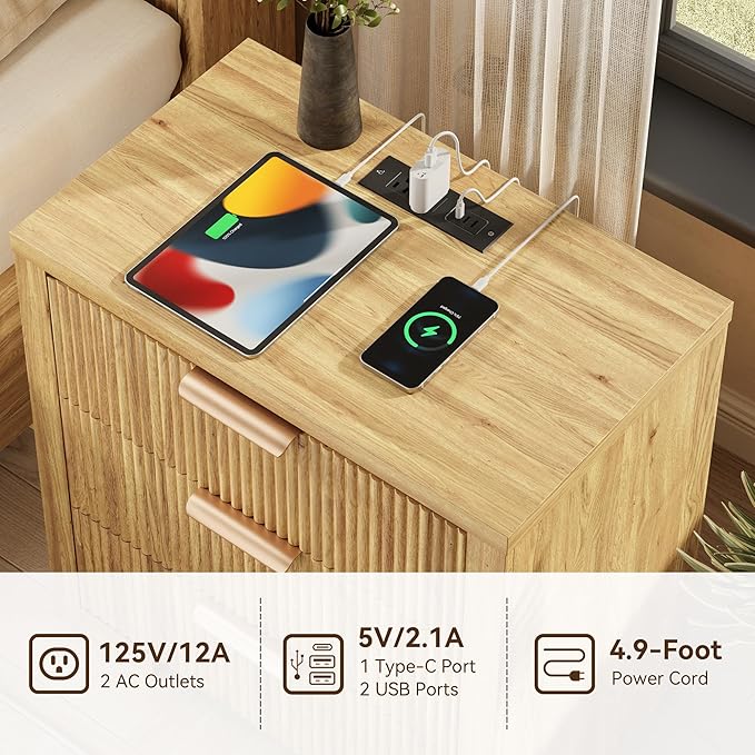 Fluted Nightstand Set of 2 with Charging Station, 23.6" Night Stand with 3 Drawers,End Table with Storage, Bed Side Table for Bedroom,Modern Nightstand for Living Room, Oak
