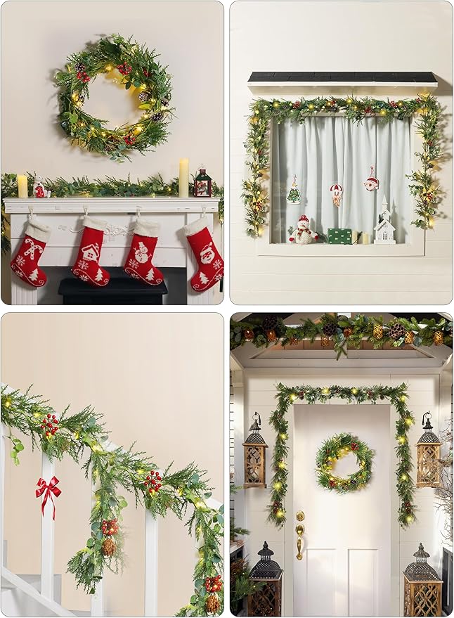Brightown Christmas Garland with Lights, 6 Ft LED Battery Operated Christmas Lights with Pine Cones, Berry, Eucalyptus Leaves, Indoor Christmas Decorations for Stairs Fireplace Door, 2 Pack