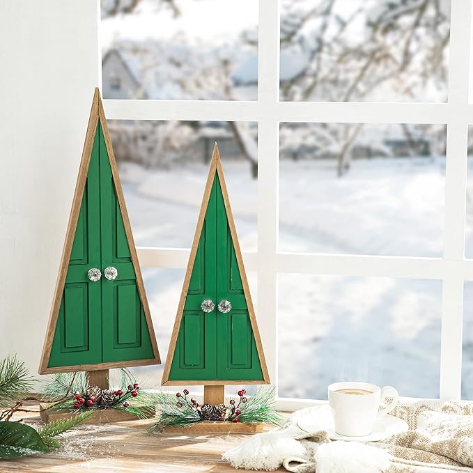 Glitzhome Tabletop Wooden Christmas Tree Set of 2 with Pinecones and Berries for Xmas Holiday Home Decorations, 19" H, Green