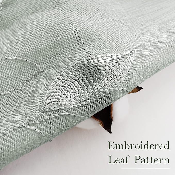 HOMEIDEAS Sage Green Sheer Curtains 52 X 96 Inches Long 2 Panels Embroidered Leaf Pattern Pocket Faux Linen Floral Semi Sheer Voile Window Curtains/Drapes for Bedroom Living Room