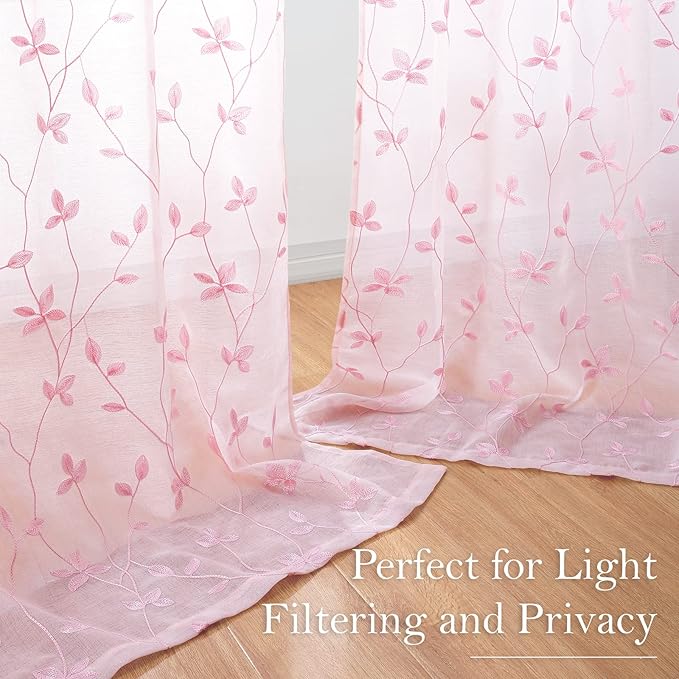 HOMEIDEAS Pink Sheer Curtains 52 X 84 Inches Length 2 Panels Embroidered Vine Floral Pattern Pocket Faux Linen Semi Sheer Voile Window Drapes for Bedroom Living Room
