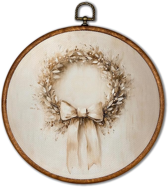 KSDUT Vintage Christmas Wall Decor Art - Retro Christmas Wreath Wall Art Canvas Frame Hanging Prints, Xmas Holiday Round Wall Art Decor for Home Farmhouse Decorations 10"x10"