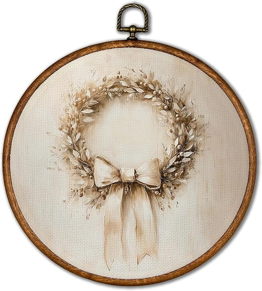 KSDUT Vintage Christmas Wall Decor Art - Retro Christmas Wreath Wall Art Canvas Frame Hanging Prints, Xmas Holiday Round Wall Art Decor for Home Farmhouse Decorations 10"x10"