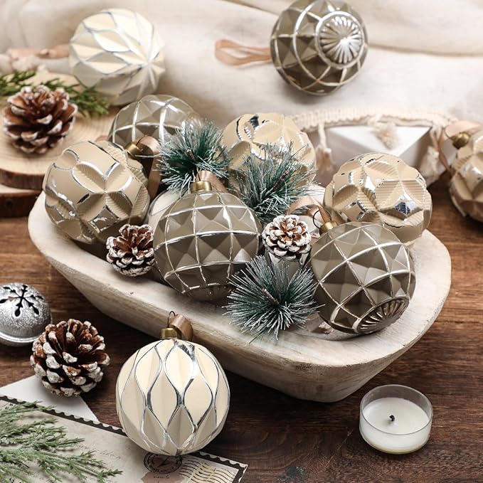 Syhood 12 Pcs Neutral Textured Christmas Ball Ornaments 2.4 Inch Vintage Xmas Tree Decorations Rustic Distressed Xmas Baubles Antique Farmhouse Modern Christmas Decor for Tree Home (Brown)
