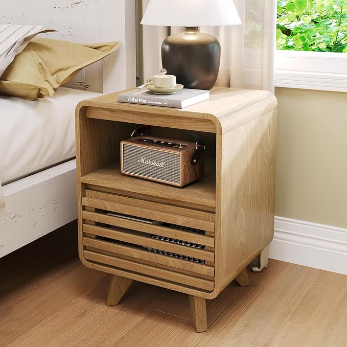 Fluted Night Stand Nightstand with Drawer Storage Grille Bed Side Table End Table Large Modern Wide Bedside Stand Tall Night Stands for Bedroom Living Room Sofa Couch Home Office, Natural Oak