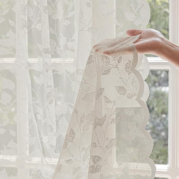 Beige Lace Sheer Curtains 84 inches Long – Vintage Leaves Pattern for Living Room/Bedroom, Fall Curtains, Modern Privacy Light Filtering Rod Pocket Window Drapes, 52W x 84L Inch, 2-Panels
