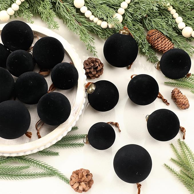 36 Pcs Velvet Christmas Balls Bulk - Flocked Christmas Tree Ball Ornaments Hanging Decoration for Xmas Tree, Wreath, Home or Party Decorations, 2.36", 2.76", 3.15"(Black)