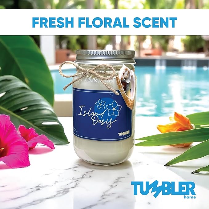Tumbler Home Beach Candle, Large Scented Summer Candle, 100% Soy Wax, 90 Hour Burn, Mason Jar with Real Shell, Coastal Decor & Beach Themed Gift for Women, Made in USA, Tropical Flowers Scent