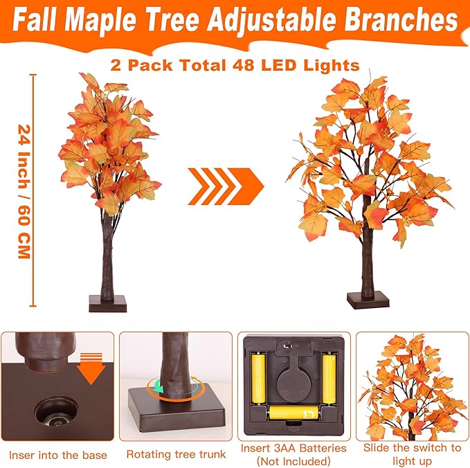 2 Pack 24 Inch Artificial Lighted Maple Tree with 48 LEDs Timer Fall Thanksgiving Decorations Battery Operated Prelit Maple Tree Table Lights for Thanksgiving Decor Home Indoor Autumn Harvest