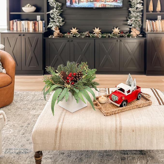 DILATATA Christmas Centerpieces 8 Inch Artificial Christmas Plant in Square Wooden Pot Tabletop Pine Plants with Red Berries Pine Cones Eucalyptus for Winter Holiday Party Fireplace Mantel Xmas Decor