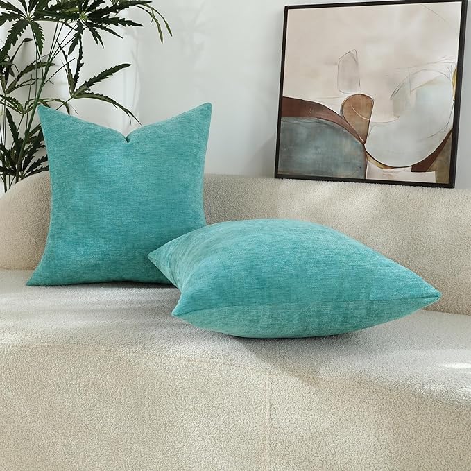 Aqua Green Chenille Decorative Couch Throw Pillow Covers, Soft Cushion Cases for Home Livingroom Sofa Décor, Pack of 2, 20 x 20 Inches