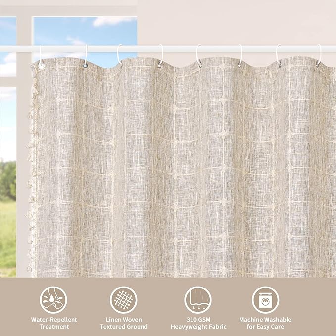 MitoVilla Grey Shower Curtain Set 72 x 78, Boho Farmhouse 78 inch Long Polyester Linen Tassel Ultra Thick Heavy Duty Fabric Shower Curtains for Chic Cottagecore French Rustic Bathroom Decor