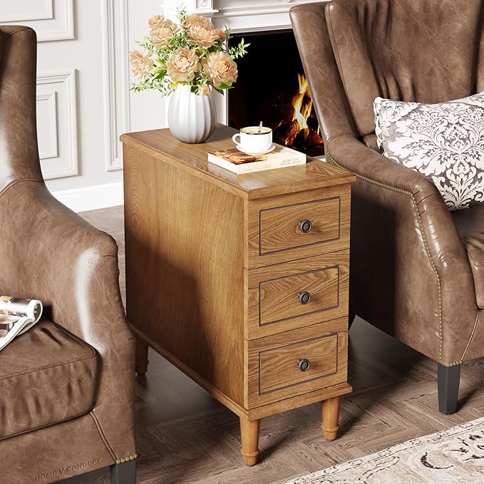 Tribesigns Solid Wood End Table, Fully Assembled Narrow Side Table with Drawers, Pre-Assembled Nightstand Slim Bedside Table for Small Spaces, Living Room, Bedroom