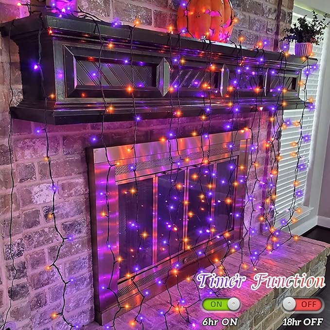 YEGUO 66ft 200 LED Orange and Purple Halloween Lights Outdoor Waterproof, Green Wire Christmas String Lights Indoor, 8 Modes Twinkle Tree Lights Plug in with Timer Memory