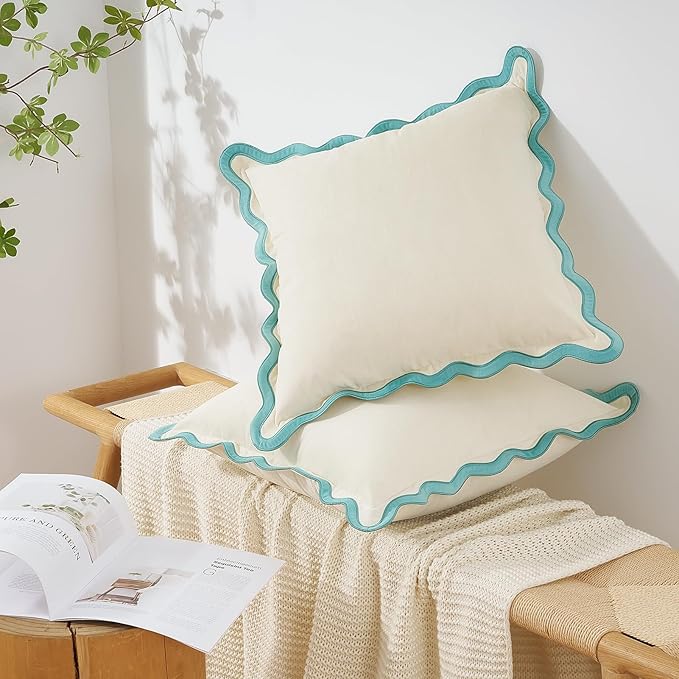 MONDAY MOOSE Decorative Throw Pillow Covers Cushion Cases, Set of 2 Soft Velvet Scalloped Wavy Edge Designs, Mix and Match for Home Decor, Pillow Inserts Not Included (White/Light Blue, 16x16 inch)